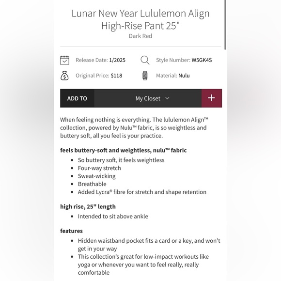 Lululemon NWT Lunar New Year Align High Rise Pants 25” Legging Dark Red Size 4 - Picture 12 of 12